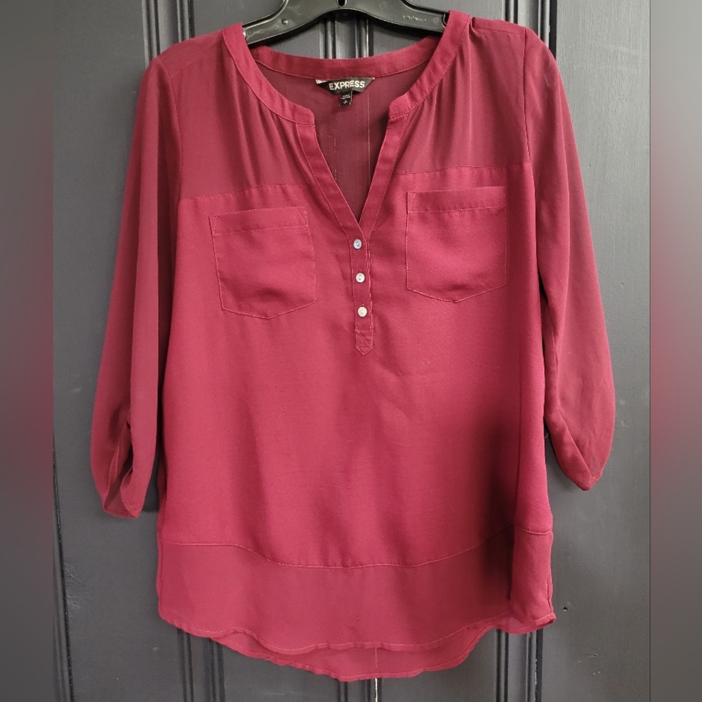 Express Women's Burgundy Long Sleeve Henley Blouse